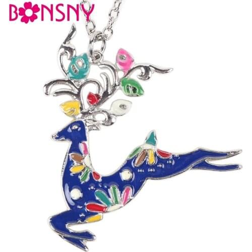 Bonsny Maxi Statement Chain 2016 Colorful Stag Deer Necklace Enamel Jewelry Pendant Alloy Animal Charm Brand For Women Girl New