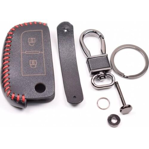 Leather Hand Sewing Red Stitching Car Key Case Holder Shell Bag Fit For Nissan New QASHQAI 2 Buttons Folding Key