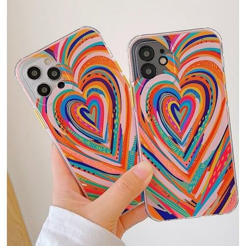 Hand Painted Love Heart Case For iPhone 12 11 Pro Max Mini XS XR X 7 8 Plus SE Soft Shockproof Phone Back Cover Funda Shell