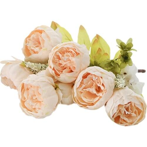 Simulation Peony Artificial Silk Fake Leaf 13 Heads Floral Decor Core-spun Plastic European Style For Wedding Wire Decorations