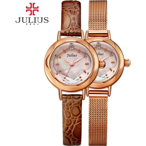 JULIUS Womens Stainless Steel Back Quartz Quality Watches Leather & Mesh Strap Japan Movt Korean Stylish Designer Whatch JA-482