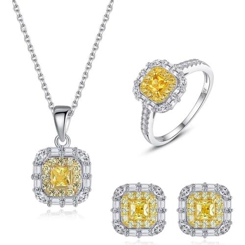 【MeIbaPJ】Luxury S925 Sterling Silver Square Yellow Zircon Ring Earrings Necklace Set for Women Wedding Jewelry