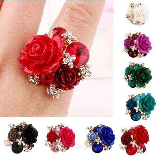 Luxury Crystal Resin Rhinestones Ball Zircon Flowers Ring Fashion Women Statement Jewelry Gifts Ring For Women Size Adjustable