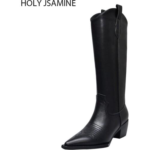 Western Cowboy Boots for Women Classic Genuine Leather Embroidered Slip-On Cowgirl Boots Low Heels Shoes Knight High Woman Boots