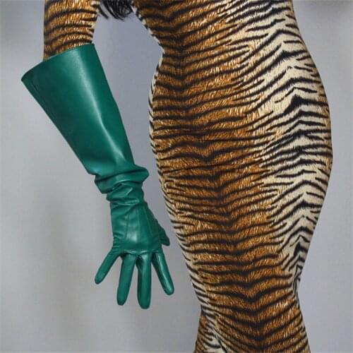 Touchscreen Leather Gloves 20" 50cm Long Simulation Leather Lambskin Dark Green Large Puff Sleeve Female Gloves Male PU162
