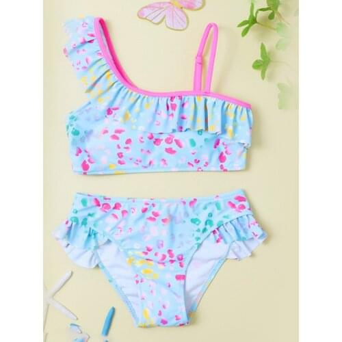 2-6 Years Girls Swimsuit Two Piece Childrens Swimsuit Pink Petals Sloping Shoulder Style Swimsuit New Cute 2021 Bikini Set