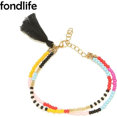 Multicolor Two-layer Glass Seed Beads Black Tassel Lobster Clasp Bracelet Women Good Quality Double Handmade Summer Jewelry Gift