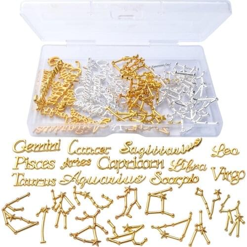 48pcs Constellation Theme Resin Fillers Alloy Epoxy Resin Charm Letters Filling Twelve 12 Star Signs Charms Pendants with A Box