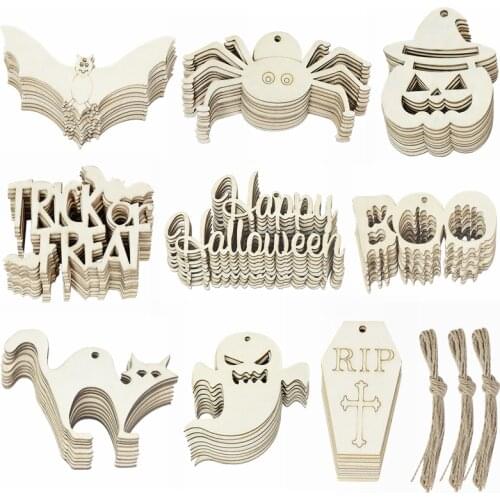 10pcs Happy Halloween Wooden Crafts Cute Pumpkin Cat Bat Spider Wood Pendant with Ribbon Halloween Party DIY Hanging Decorations