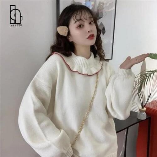 Luck A Sweet All-match Raglan Sleeve Pure Loose Preppy Kawaii Students Clothing Sweaters Women Knitted Pullover Autumn Jumper