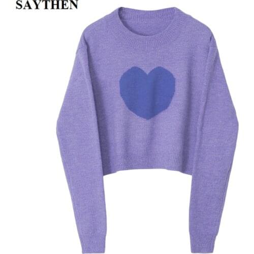 SAYTHEN Round Neck Long Sleeve High Quality 2020 New Cute Sweet Purple Love Pullover Knit Sweater Mohair Short Sweater Women
