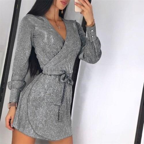 Churses Sexy V-Neck Belt Sequins A-Line Dress Autumn Long Sleeve High Waist Party Club Evening Mini Dresses For Women 2021