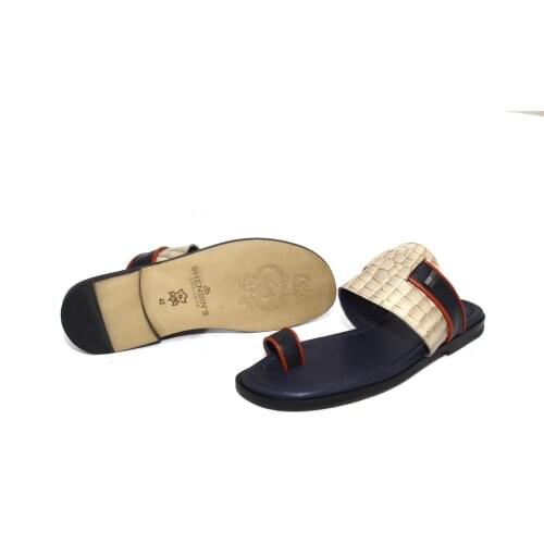 SHENBINS Premium Full Leather Flip Flops, Leather Soles, Soft Insoles, Beige & Dark Navy Blue Color, Comfort Slippers Outdoor