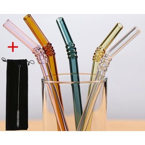 Glass drinking straw Reusable 5Pcs/set Colorled Glass Straw Pointed Tea Milk Juice Straw with Bag Box Bent Curved Glass Straws
