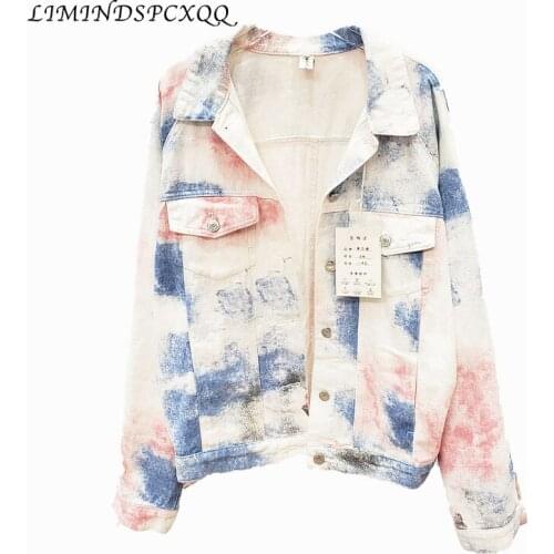 2020 New Streetwear Denim Jacket Women Fashion Tie dye Long sleeve Jeans Jacket Female Loose Washed Jeans Coat Harajuku Jackets