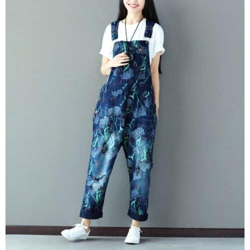 Women Printed Holes Denim Jumpsuits Ladies Cute Printing Loose Denim Rompers Female Overalls Pants