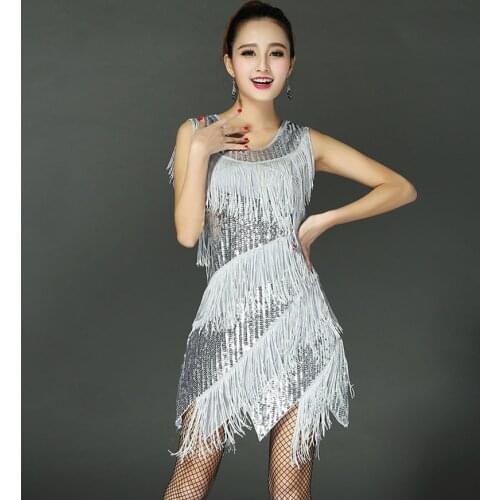 Women Sexy Latin Dance Dresses Fashion Women Dress Summer Tassel Sleeveless rumba Samba Night Clubwear Sequins Party Dresses