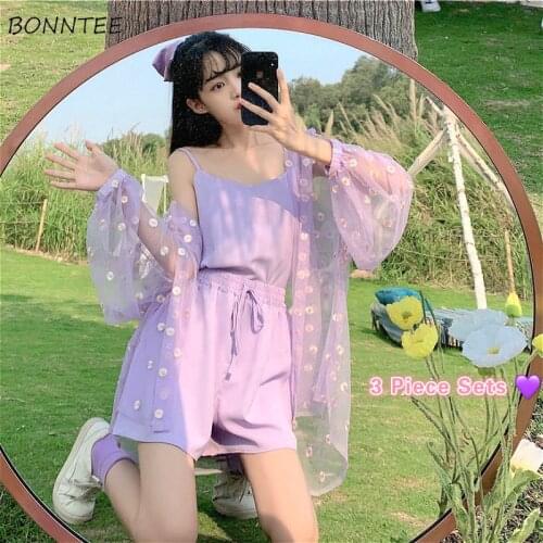 Women 3 Piece Sets Summer Sweet Girls Set Soft Sun-proof Floral Ins Outwear Chic Lady Sexy Crop Top High Waist Drawstring Shorts