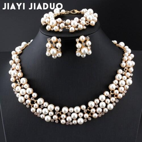 Jiayijiaduo Wedding dress jewelry set Imitation pearl Necklace earrings Bracelet set For women Gold color party gift Christmas