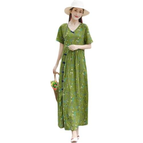 Cotton And Linen Vintage Dress Women Summer 2021 National Style Plus Size Loose Floral Dress Lady Linen Beach Long Robe Fashion