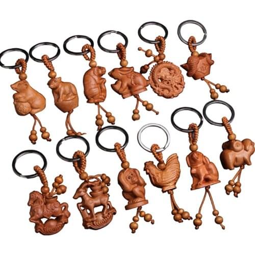 1pcs Unisex 12 Zodiac Keychain Natural Wood Keyring Animal Monkey Tiger Sheep Dragon rabbit Snake Keyring Gift For Kids