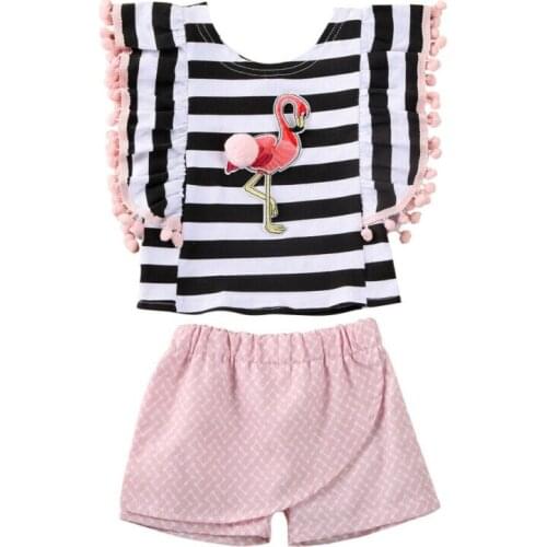 2020 Summer Lovely Infant Baby Girls Clothes Sets Tassel Short Sleeve Striped Print T Shirts Tops+Solid Shorts