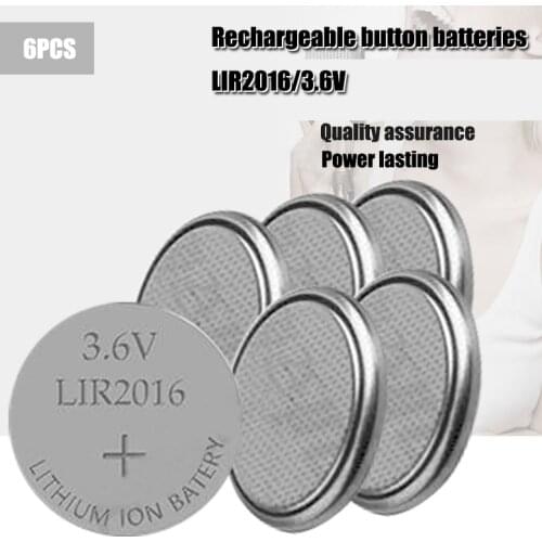 6PCS Li-ion Rechargeable Battery LIR2016 3.6V Lithium Button Built-in Coin Cell Batteries Watch Cells LIR 2016 Replaces CR2016