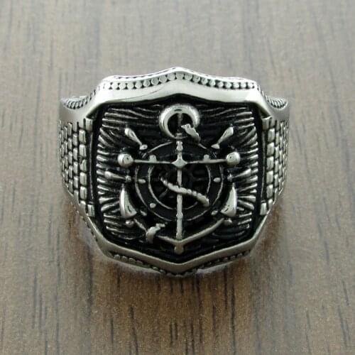 Free Shipping Navy Rudder Anchor Ring 316L Stainless Steel Silver Color Black Band Party Sailor Rings Jewelry