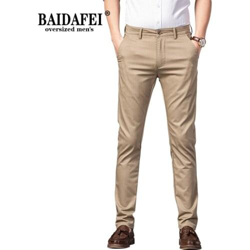 High Quality 8 Colors Business Cotton Casual Long Pants Mens Four Seasons New Elastic Striped Suit Pants Youth Mens Clothing