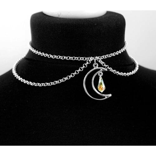 Fashion Moon Crystal Chain Choker Necklace with Iridescent Beads Pendant Punk Jewelry Women Necklace 13inch