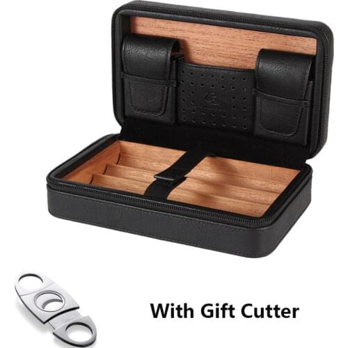 Black BrownCohiba Cigar Humidor Case Portable Cedar Wood Leather Travel Humidor Humidifier Set Gift Box (Without lighter cutter)