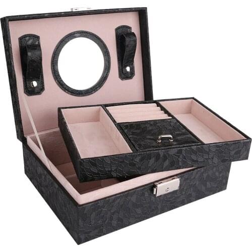 Wooden Jewelry Storage Box with Lock Leaf Printed PU Leather Surface Jewelry Gift Box Travel Cosmetic Jewelry Casket Organizer