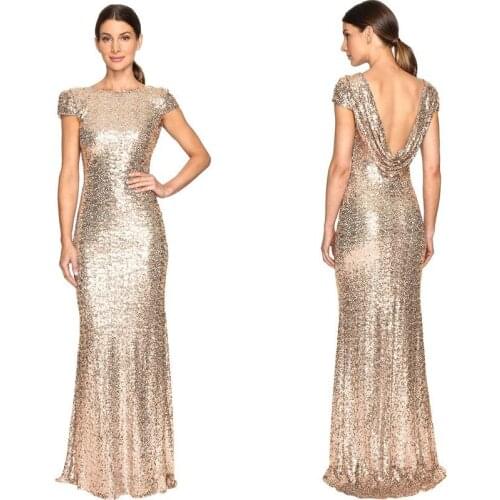 Full Sequin Long Slim U-Shaped Backless Evening Dresses Bling Gold Bling Full Length Robe De Soiree Elegant Cocktail Gowns