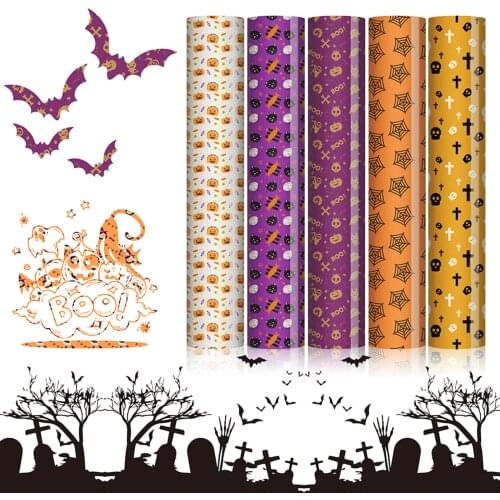 Halloween Heat Transfer Vinyl HTV Iron on Vinyl Bundle Pumpkin Ghost Spider Skull Printed Black Vinyl Pattern Film for T Shirts