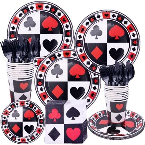 Casino Theme Party Disposable Tableware Playing Cards Paper Plates Cups Napkins Banners Banquet Decorations Latex Balloon Toys