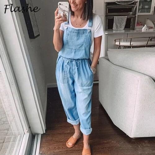 Denim Overall Women Summer Jumpsuit Rompers Belted Hole Hollow Out Pocket Women Casual Fashion Female Pant Fashion 2021 Jumpsuit