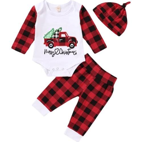 Infant Newborn Baby Boys Girls Christmas Outfits Funny Plaid Print Romper + Pants + Hat 3Pcs Set Spring Autumn Outfits