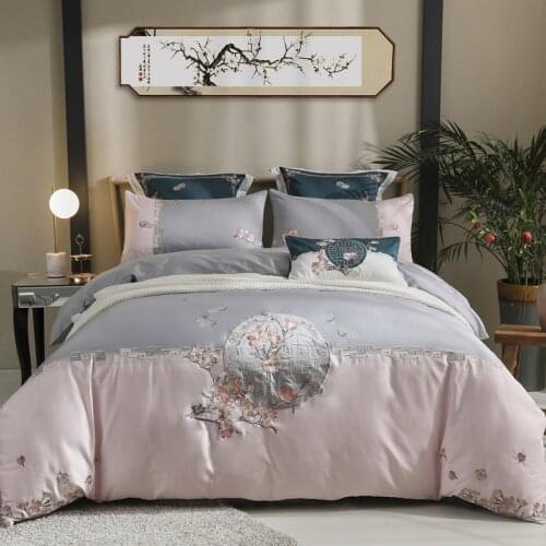Chinese style embroidery Bedding Set Duvet Cover egyptian cotton Bedlinen Pillowcase 4Pcs Queen King size Bedsheet linen set