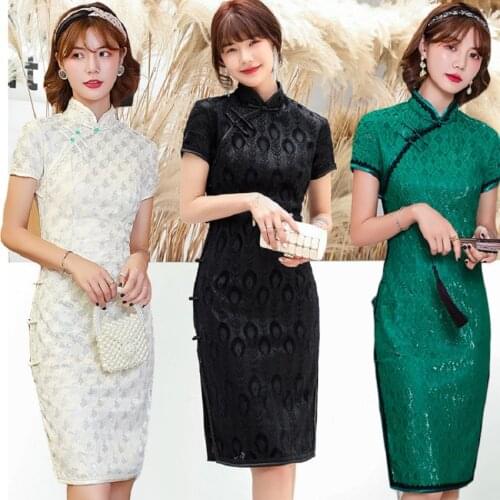 Shanghai Story Short Sleeve Lace Cheongsam Knee Length Qipao Chinese Dresses 4 Color