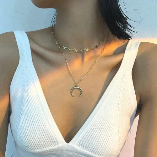 Lalynnly 2021 Punk Moon Star Pendants Necklaces Gold Color Female Clavicle Chain Multi-layer Necklace For Women Jewelry N8532