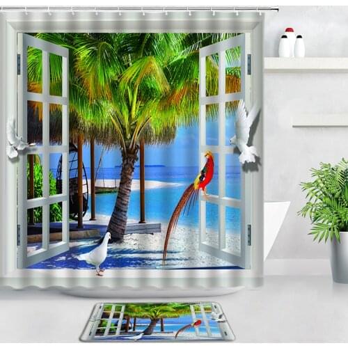 Palm Tree Beach Ocean Scenery Shower Curtain Set Bathroom Carpet Creative Window Parrot Birds Kitchen Door Rug Non-slip Bath Mat