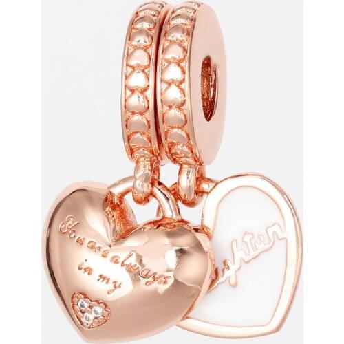 Authentic 925 Sterling Silver Rose Mother and Daughter Hearts Hanging pan Charm Fit Original Bracelet For Women DIY Jewelry