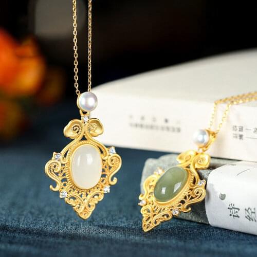 Silver inlaid natural Hetian white jade pearl pendant necklace Chinese style retro unique sand gold craft charm womens jewelry