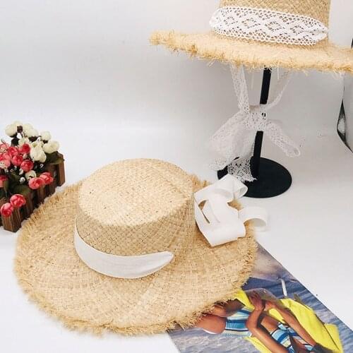 Lady 100% Raffia Straw Hat Panama Hats For Women Wide Large Brim 9-11CM Summer Beach Sun Hats With Fashion Long Belt Visor Hat