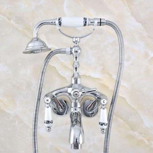 Silver Polished Chrome Brass Wall Mounted Claw Foot Bathroom Tub Faucet Mixer Tap With Handshower - Adjusts From 3-3/8" mqg404