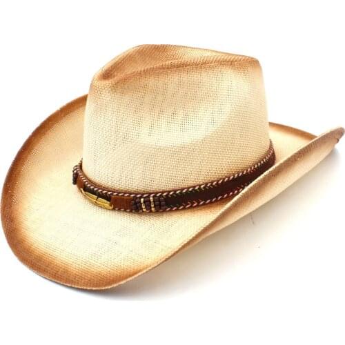 2019 Women Men Straw Sun Sun Hat With Bohemian Leaves Band For Lady Dad Handmade Weave Hombre Western Cowboy Jazz Caps