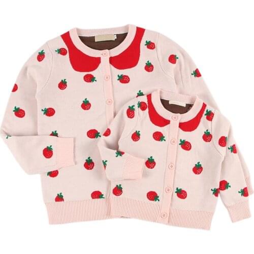Mother Daughter Sweaters 2020 New INS Strawberry Printed Cardigan Family Matching Outfits Winter Clothing 12M-6Y S-XL MK17