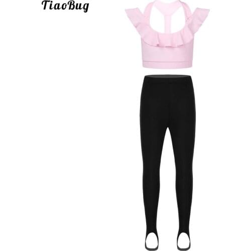 TiaoBug Girls U Neck Ruffled Straps Open Back Sports Tops With Stirrup Pantyhose Stockings Leggings Tights For Active Dance Gym
