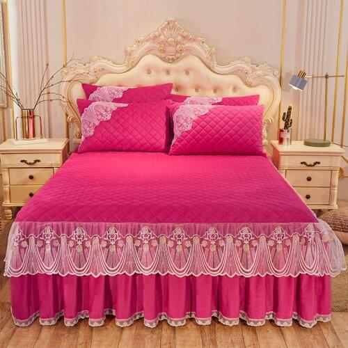 Thickened warm crystal wool quilting Bedspread Fitted Sheet Pillowcases 2/3pcs Pure color Lace embroidery Princess Bedding