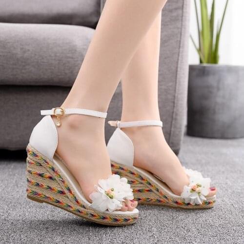 Summer New White Lace Flower Womens High Heels Sandals Platform Buckle Wedges Front Open Toe Ladies Shoes Size 33-42